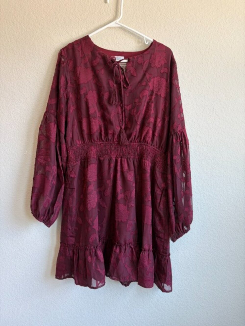 NEW Chic Soul Burgundy Floral Burnout Mini Dress Plus Size 1X Whimsigoth Boho - Picture 2 of 8